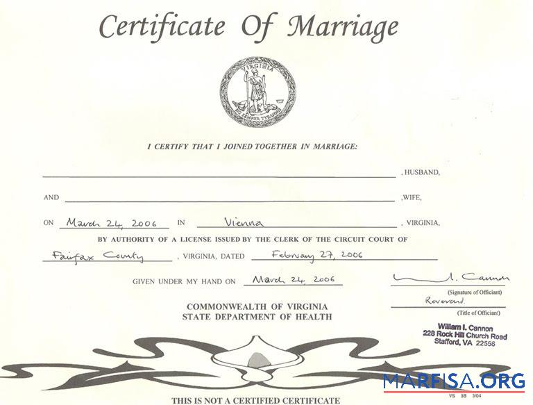 Printable USA Commonwealth of Virginia state department of health marriage certificate example